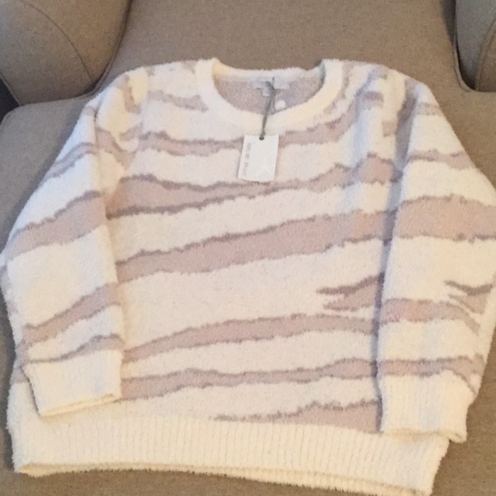 Barefoot Dreams Cozychic Seaside Crewneck Pullover in Cream Zebra Size Large NWT